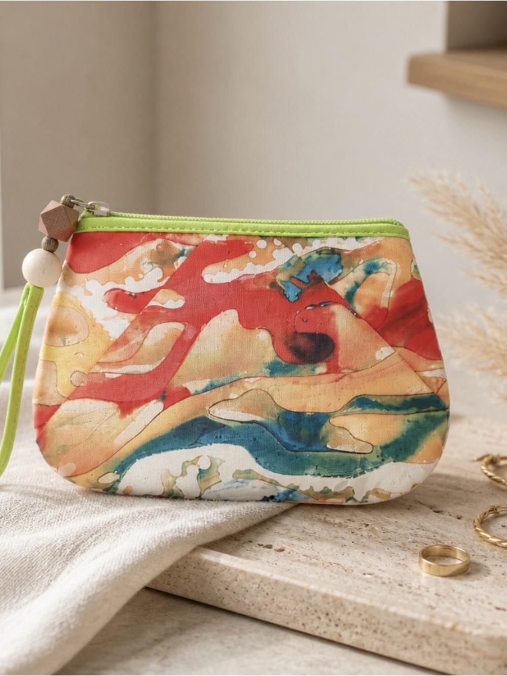 NWOT Small Elegant Red and Green Artistic Clutch with Abstract Design